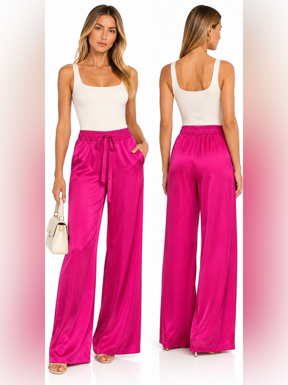 Alice + Trixie 100% Silk Hot Pink Fuchsia Wide Leg Pants Small Drawstring Palazz